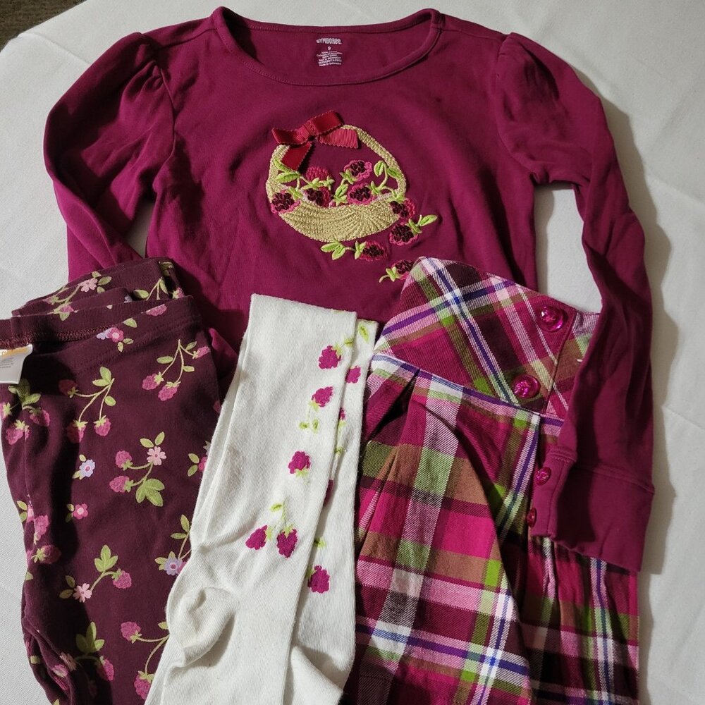 Gymboree Berry Patch size 9 shirt, leggings & skort AW. Tights used size 8-10